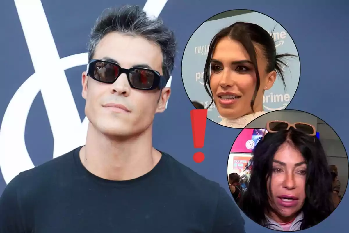Kiko Jiménez con gafas oscuras al frente y Sofía Suescun y Maite Galdeano en círculos superpuestos junto a un signo de exclamación rojo
