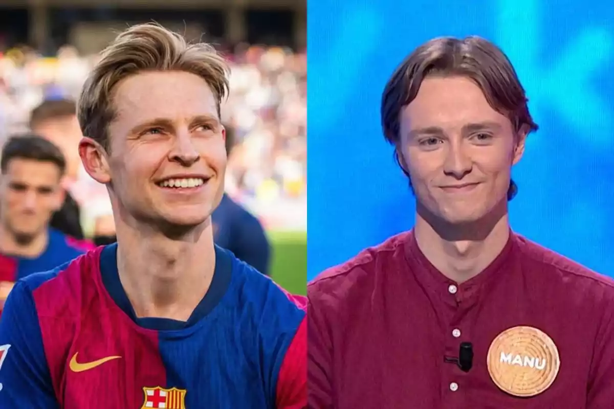 Dos homes joves de cabell ros i pentinats similars, un amb samarreta de futbol blaugrana en un estadi i l’altre amb camisa burdeus i una acreditació que diu Manu en un plató de televisió amb fons blau. Dos homes joves de cabell ros i pentinats similars, un amb samarreta de futbol blaugrana en un estadi i l’altre amb camisa burdeus i una acreditació que diu Manu en un plató de televisió amb fons blau.