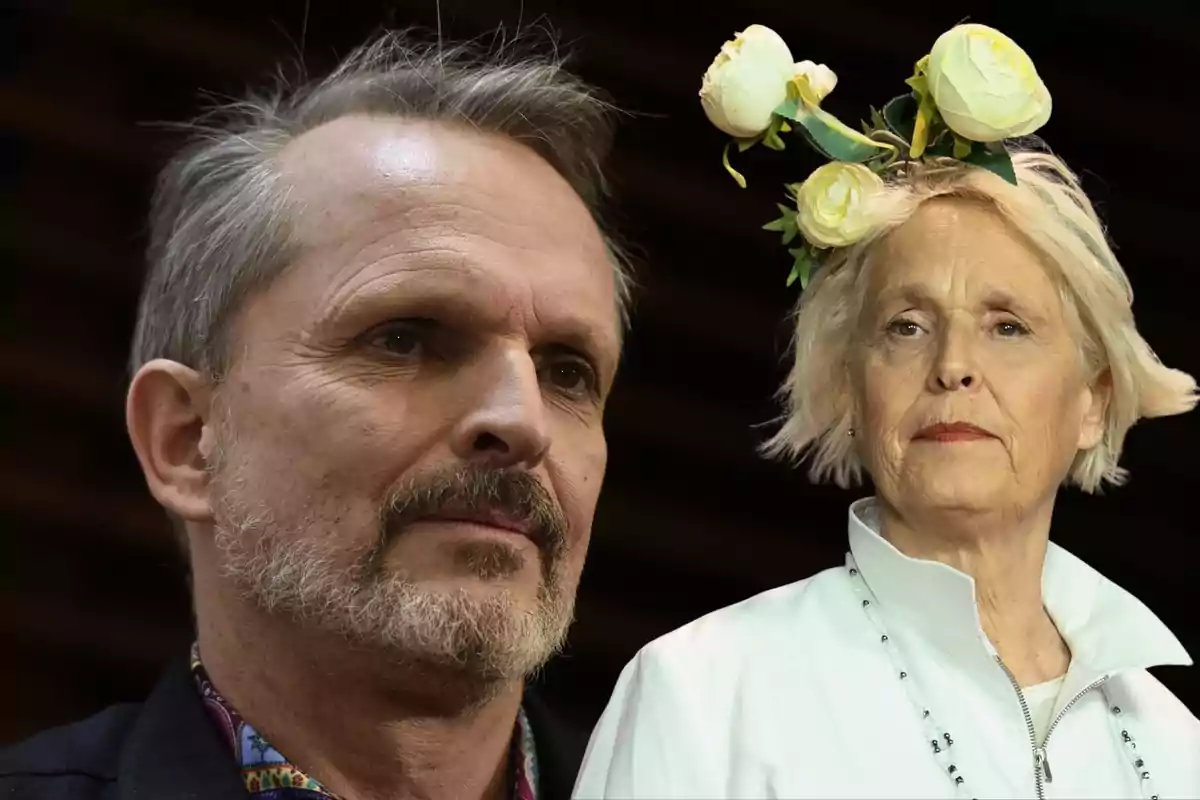 Gray-bearded man with a serious expression next to a woman with short blonde hair wearing a crown of white flowers