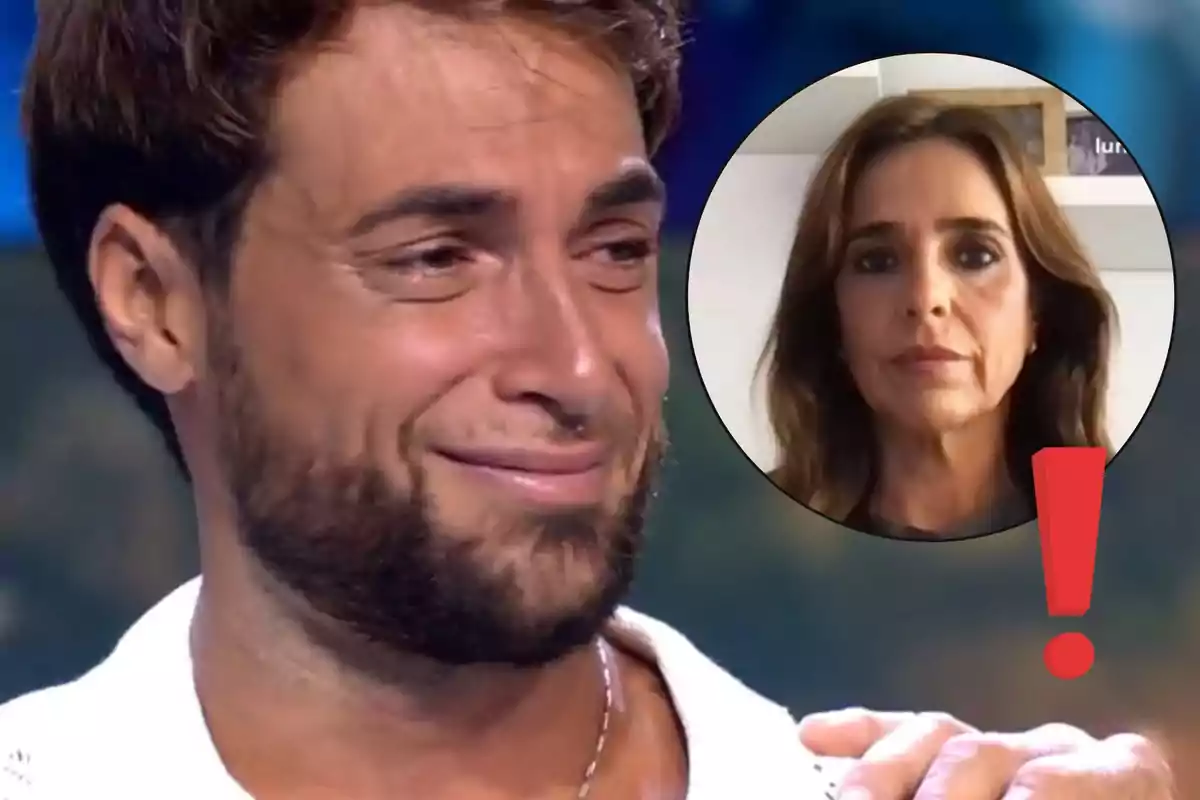 Montoya con expresión emotiva y lágrimas en los ojos mientras Carmen Alcayde aparece en un recuadro circular con un signo de exclamación rojo