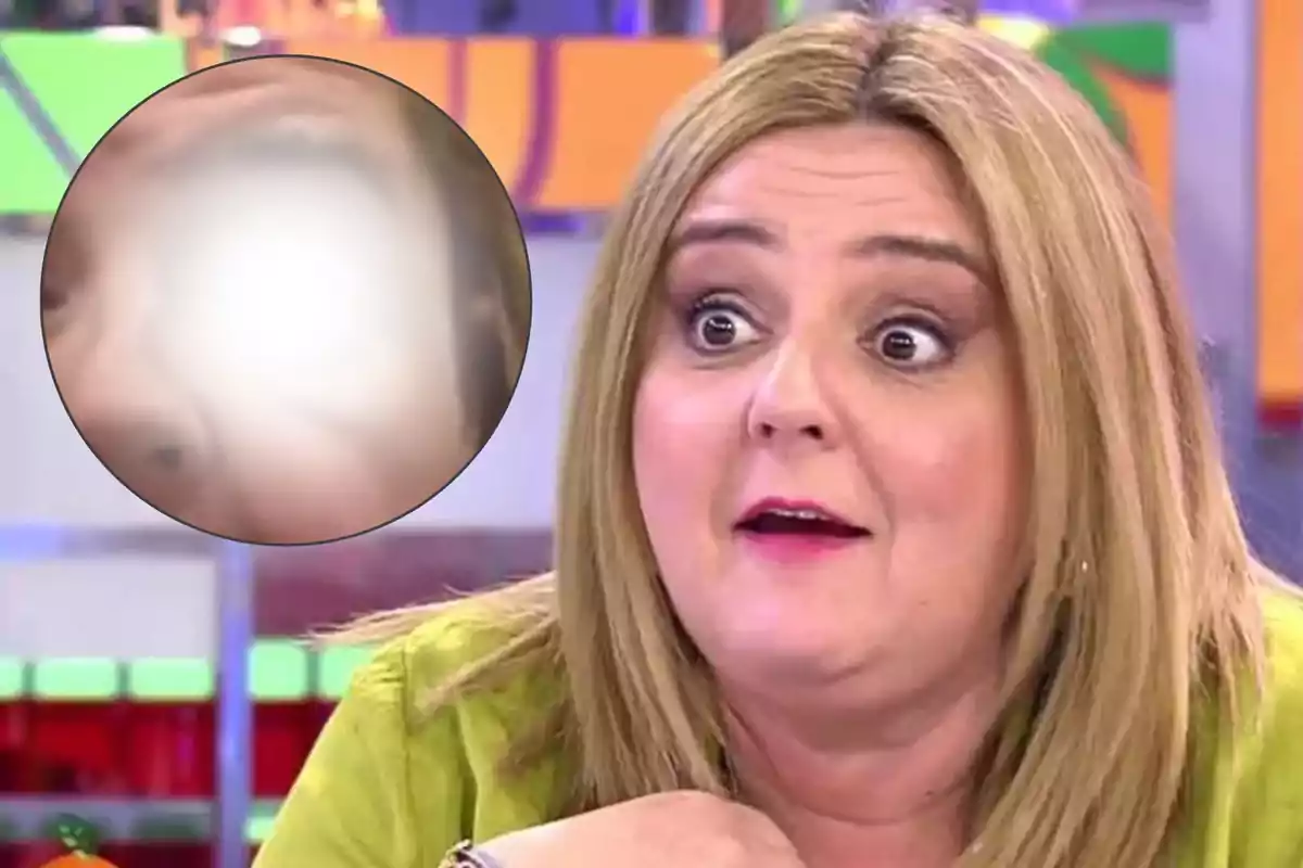 Dona rossa amb expressió de sorpresa en un programa de televisió i un cercle ampliat amb una imatge borrosa a la cantonada esquerra