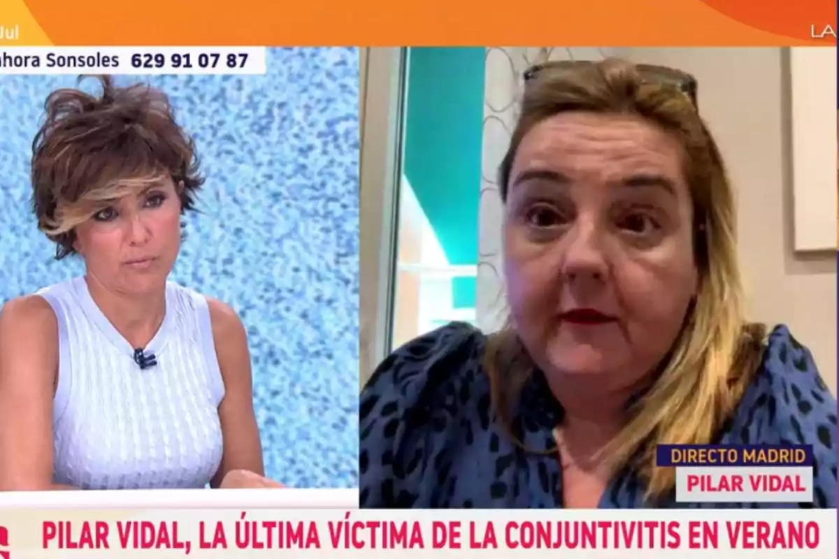 Dues dones participen en una entrevista televisiva, una a l’estudi i l’altra en videotrucada, amb un titular a la part inferior que esmenta un cas de conjuntivitis a l’estiu. Dues dones participen en una entrevista televisiva, una a l’estudi i l’altra en videotrucada, amb un titular a la part inferior que esmenta un cas de conjuntivitis a l’estiu.