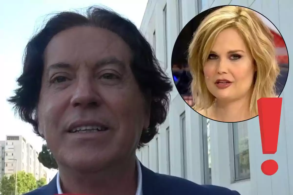 Pipi Estrada de cabello oscuro con fondo urbano y un círculo que muestra el rostro de Miriam Sánchez rubia junto a un signo de exclamación rojo