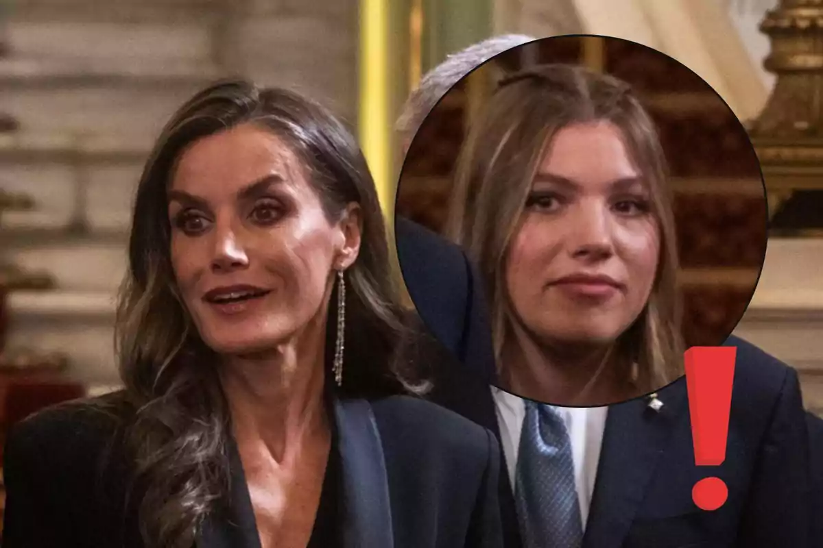 Letizia Ortíz de cabello largo y oscuro con expresión sonriente en primer plano y un círculo ampliado muestra el rostro de la infanta Sofía rubia con un signo de exclamación rojo
