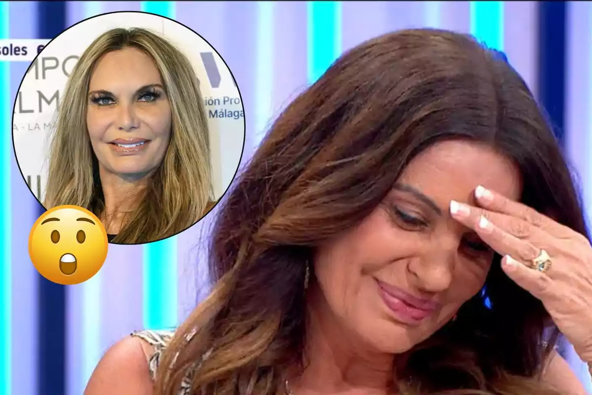 Sonia Monroy con expresión de emoción o sorpresa en un programa de televisión, con un recuadro que muestra el rostro de Yola Berrocal y un emoji de cara sorprendida
