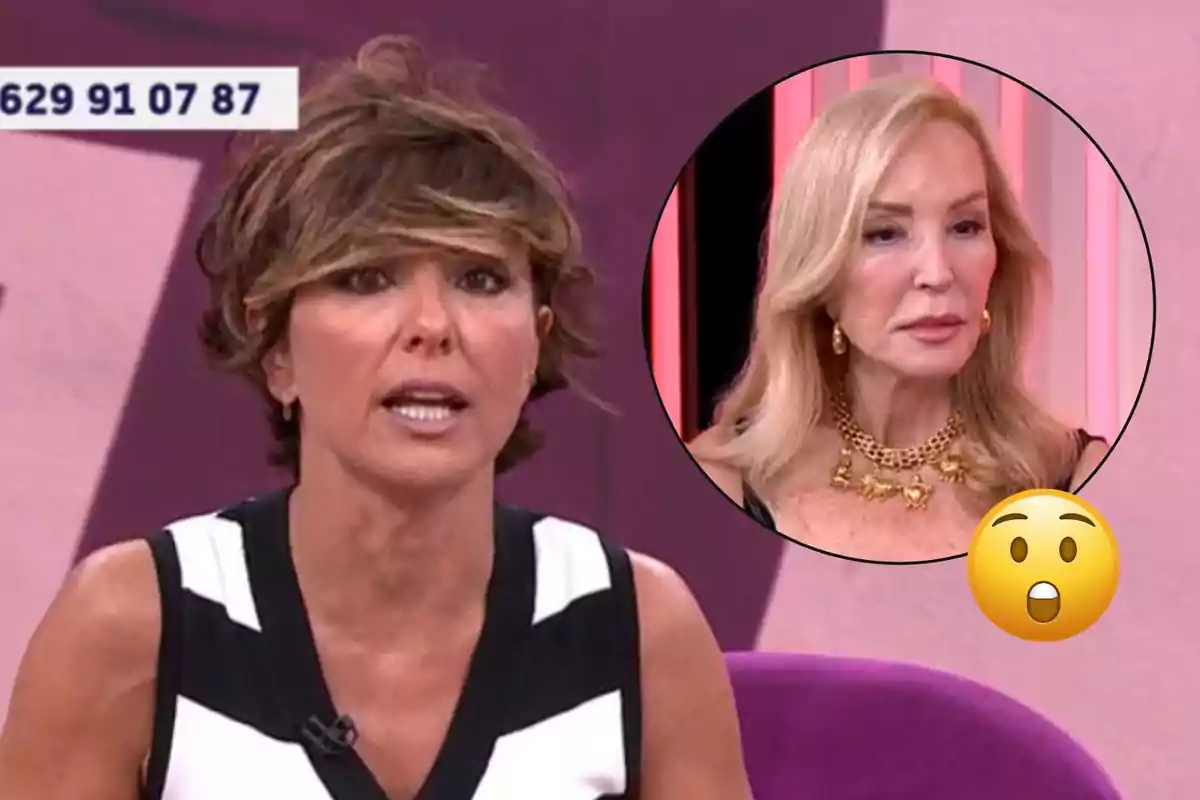 Presentadora de televisió parlant en un plató amb fons morat, apareix un requadre amb la cara d’una dona rossa i un emoji de sorpresa
