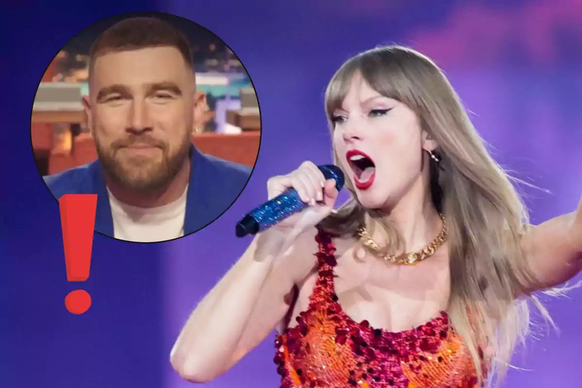 Taylor Swift con micrófono en el escenario y Travis Kelce en un recuadro circular al fondo junto a un signo de exclamación rojo