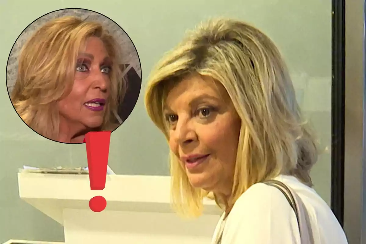 Terelu Campos rubia de perfil con expresión seria y un círculo con Lydia Lozano sorprendida acompañado de un signo de exclamación rojo