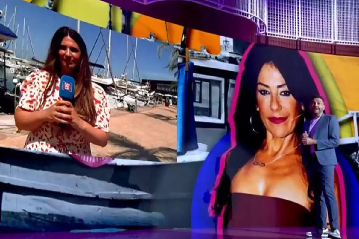 Una reportera sostiene un micrófono en un puerto deportivo mientras en un estudio de televisión un presentador está junto a una imagen grande de una mujer Una reportera sostiene un micrófono en un puerto deportivo mientras en un estudio de televisión un presentador está junto a una imagen grande de una mujer