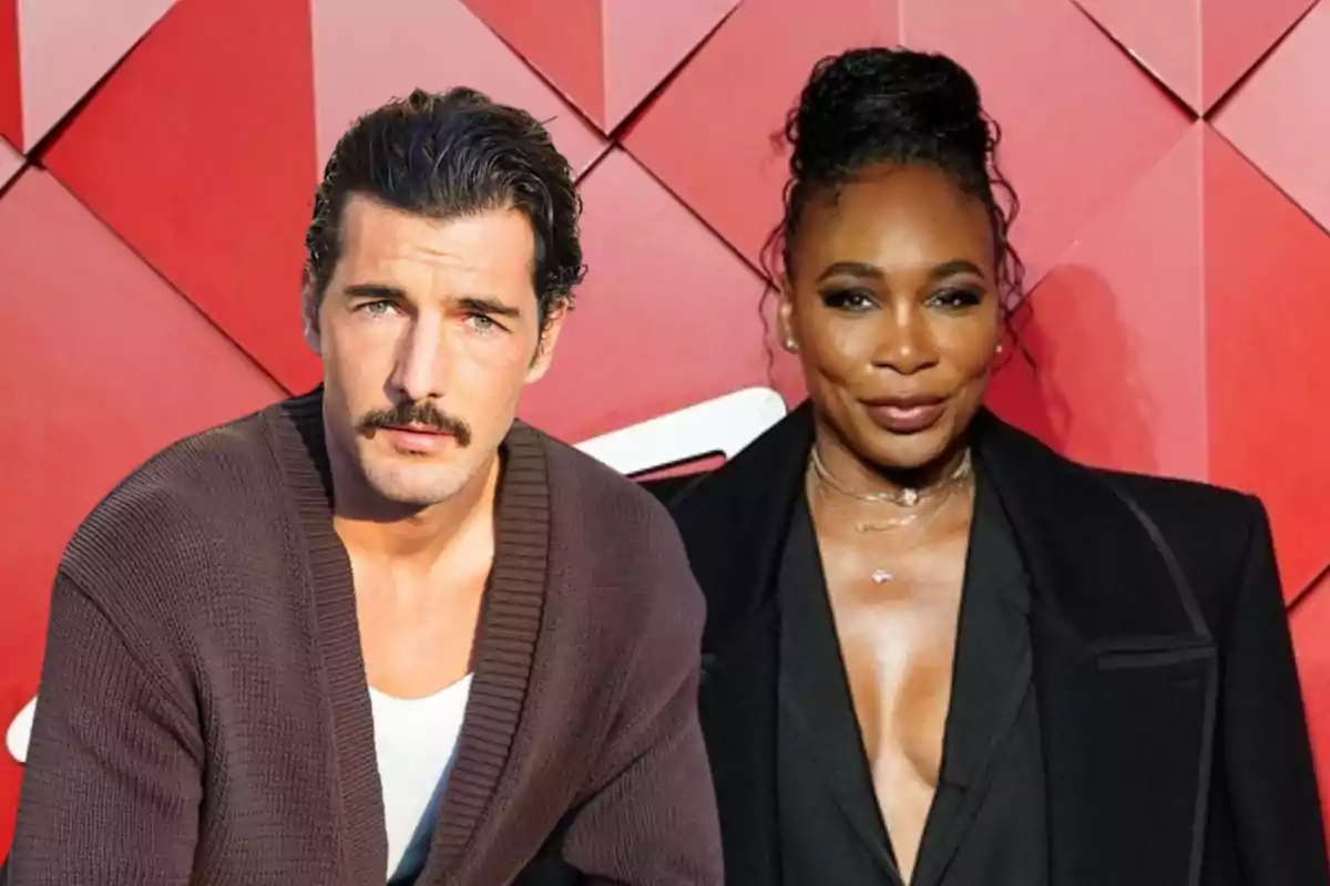 Andrea Preti con bigote y Venus Williams con peinado recogido posan juntos frente a un fondo rojo geométrico