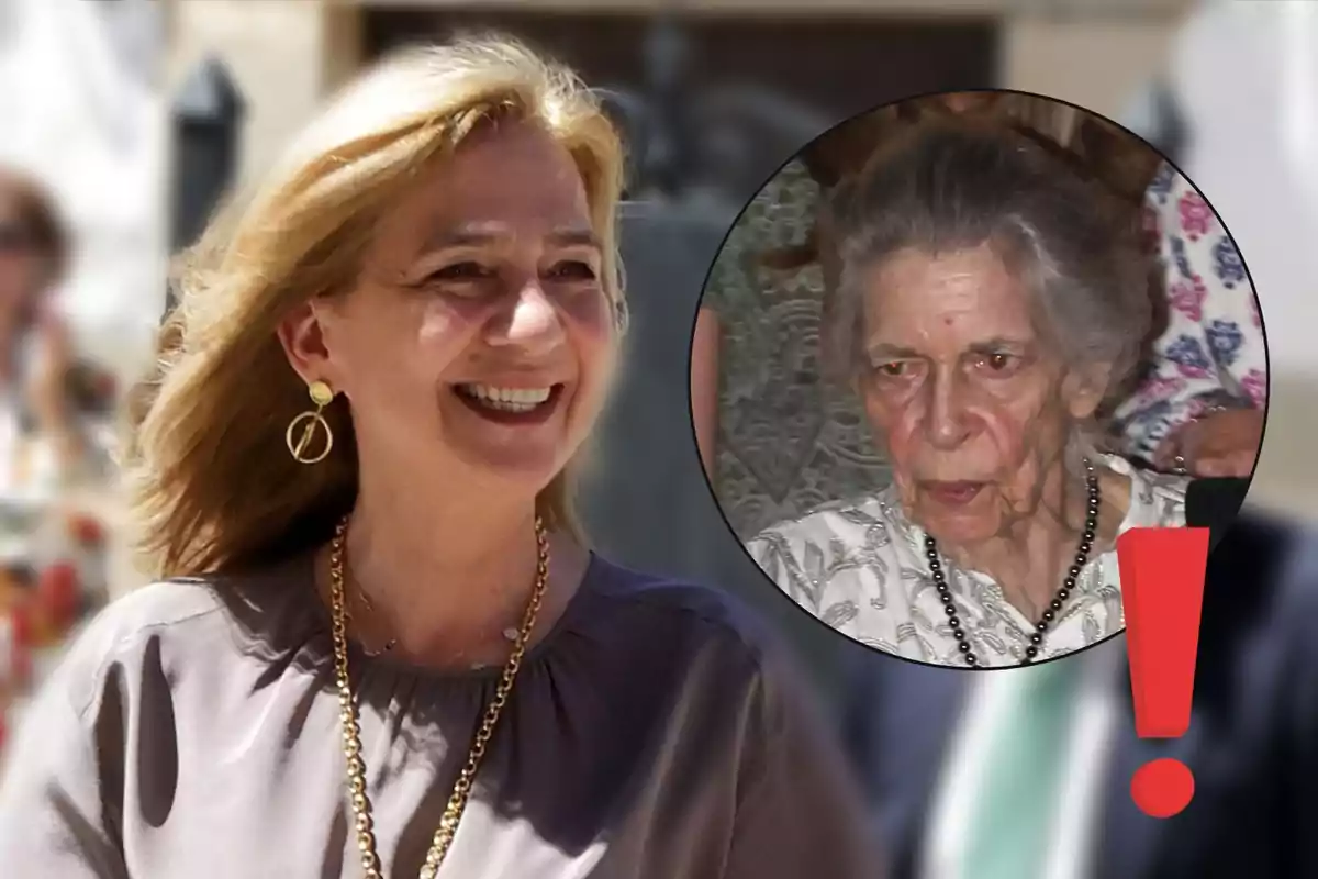 Dona rossa somrient en primer pla amb un collaret daurat i un cercle que mostra una dona gran de cabells canosos i expressió seriosa al costat d’un signe d’exclamació vermell