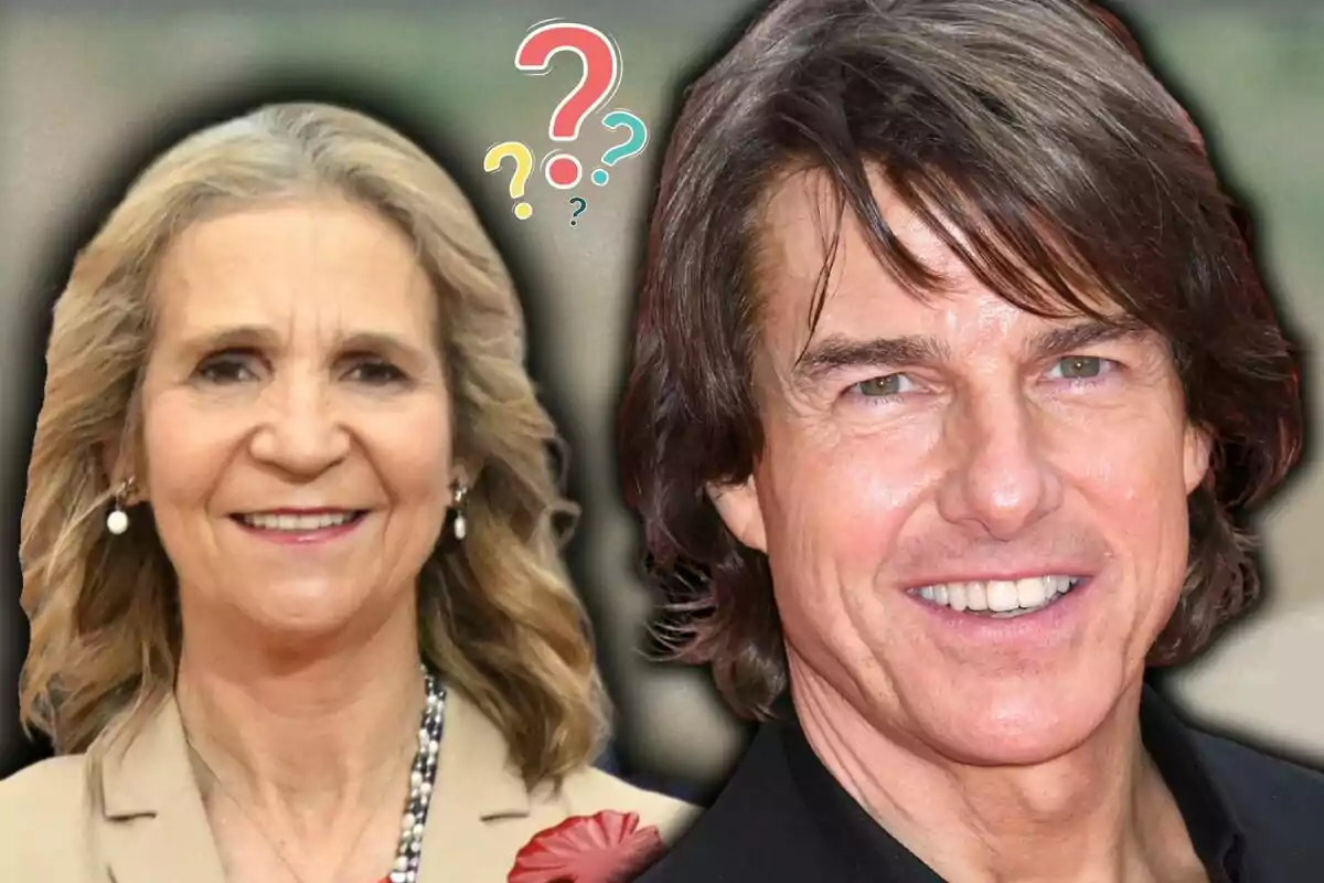 La infanta Elena y Tom Cruise sonríen frente a la cámara con signos de interrogación de colores sobre ellos