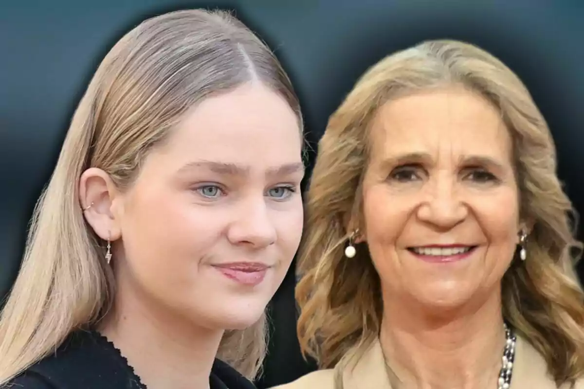 Irene Urdangarin i la infanta Elena posen juntes davant d’un fons fosc difuminat