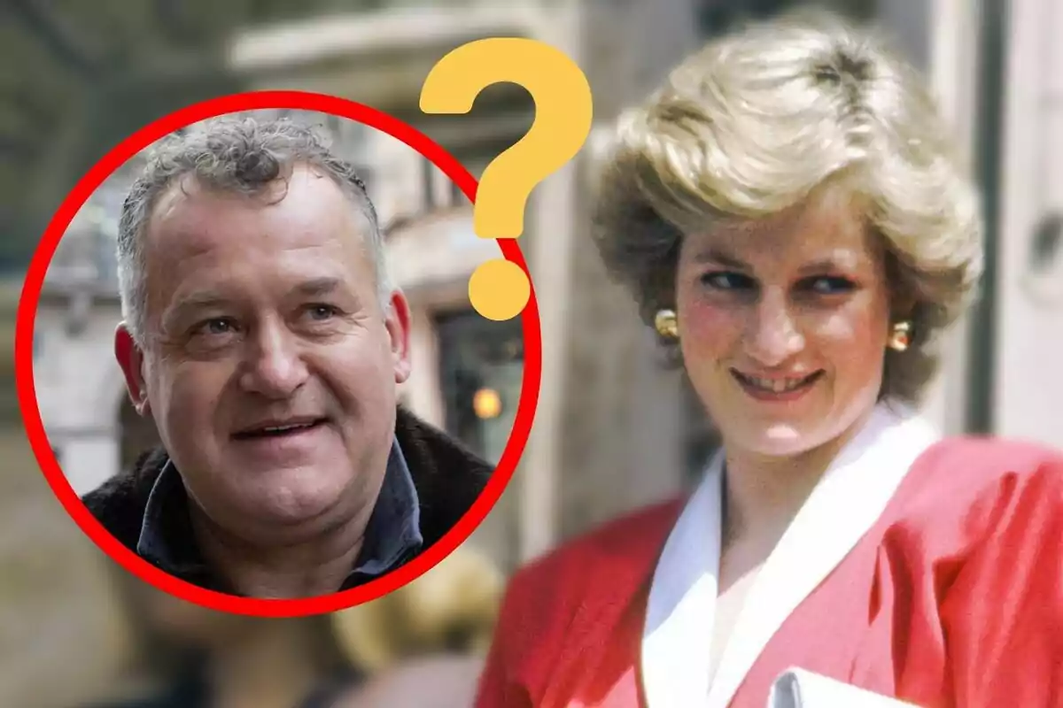 Hombre de cabello canoso dentro de un círculo rojo junto a Lady Di con chaqueta roja y un signo de interrogación amarillo entre ellos