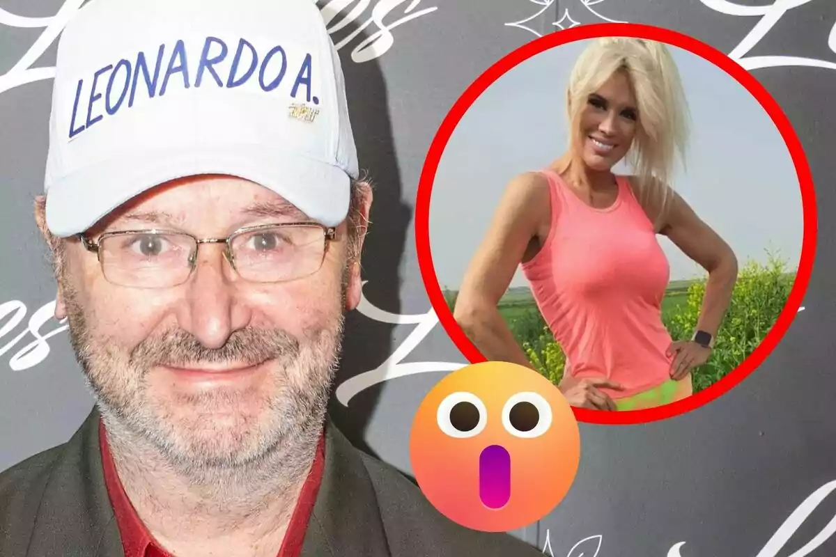 Home amb gorra blanca on hi diu Leonardo A somriu davant la càmera mentre a la cantonada superior dreta apareix una dona rossa amb samarreta rosa dins d’un cercle vermell i un emoji de sorpresa.