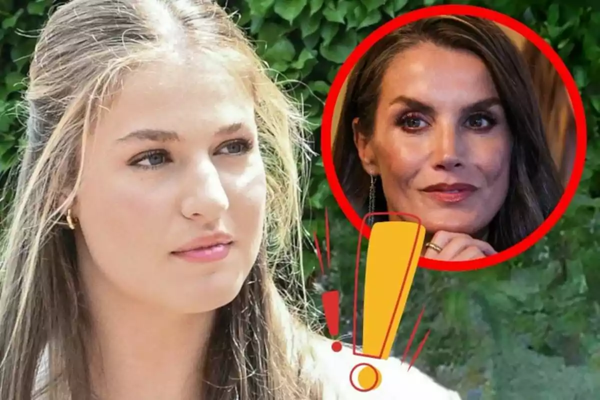 Leonor mira cap a un costat mentre a la cantonada superior dreta apareix el rostre de Letizia emmarcat en un cercle vermell amb un signe d’exclamació groc i vermell sobre un fons de fulles verdes.