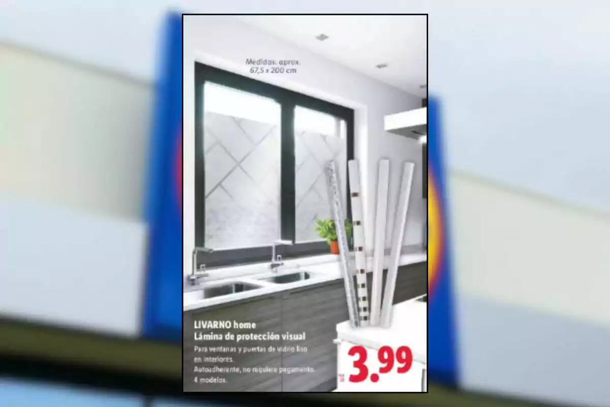 Promoció de làmines de protecció visual autoadhesives per a finestres i portes de vidre llis en interiors, disponibles en quatre models diferents, a un preu de 3,99 euros. Promoció de làmines de protecció visual autoadhesives per a finestres i portes de vidre llis en interiors, disponibles en quatre models diferents, a un preu de 3,99 euros.