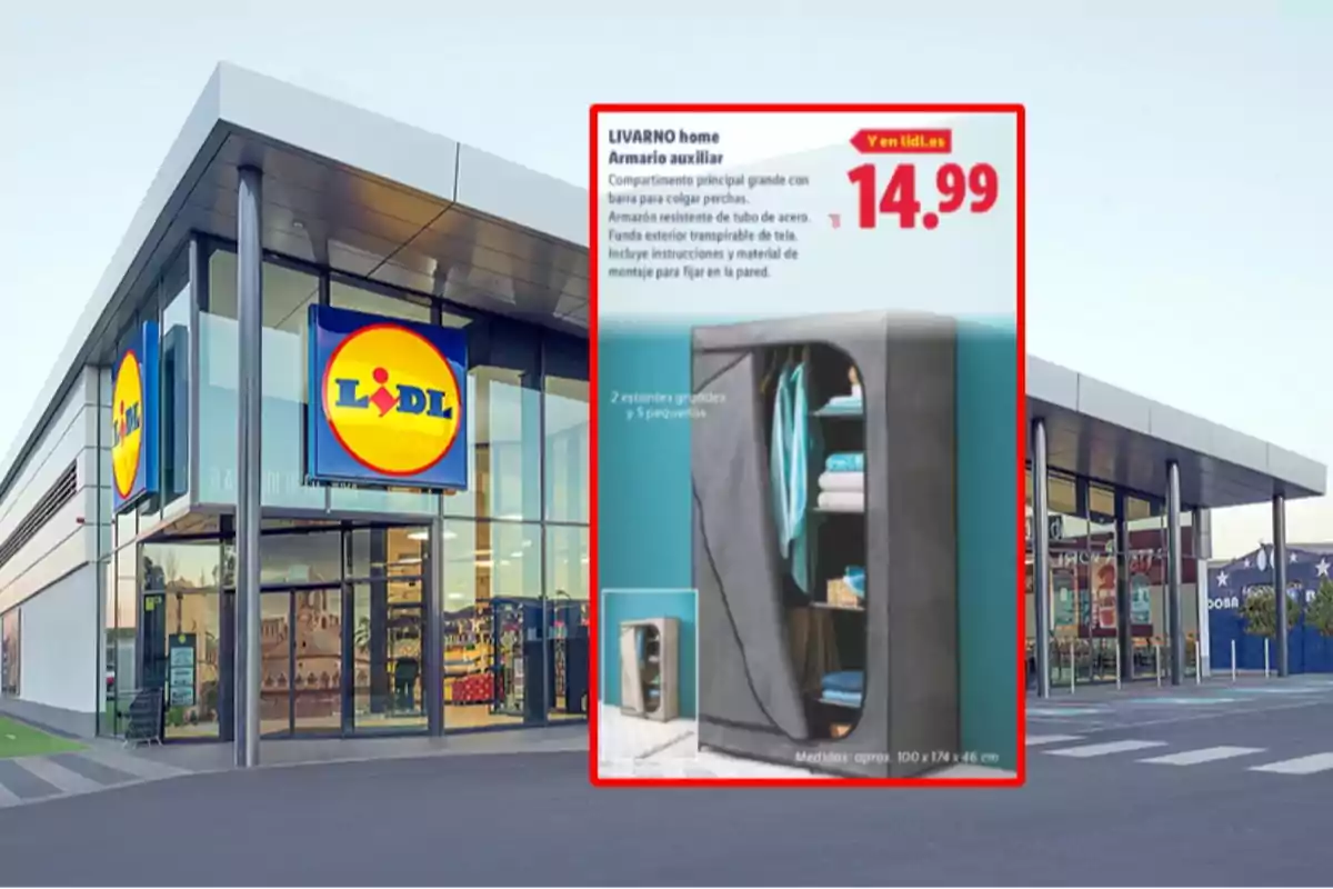 Façana d’una botiga Lidl amb un anunci destacat d’un armari auxiliar en oferta per 14,99 euros Façana d’una botiga Lidl amb un anunci destacat d’un armari auxiliar en oferta per 14,99 euros