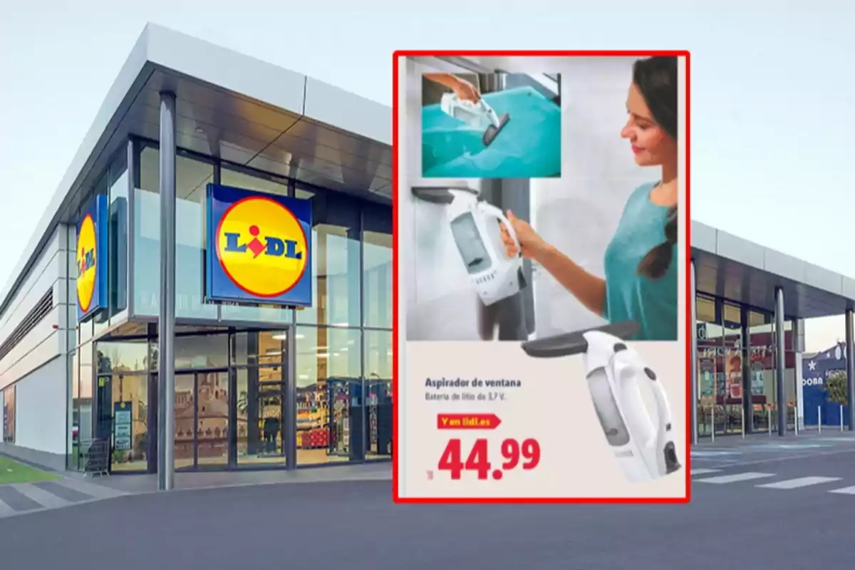 Façana d’una botiga Lidl amb un anunci d’un aspirador de finestres en oferta per 44,99 euros Façana d’una botiga Lidl amb un anunci d’un aspirador de finestres en oferta per 44,99 euros