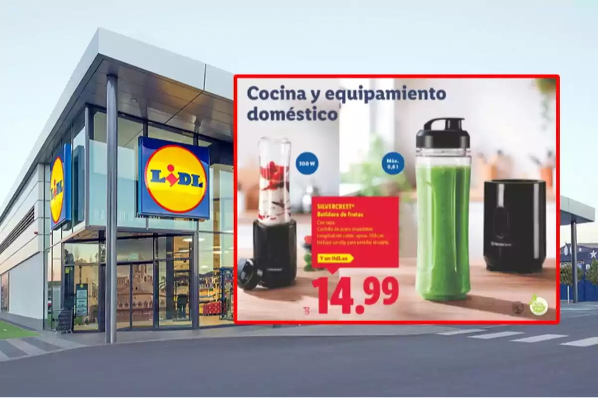 Façana d’una botiga Lidl amb un cartell promocional d’una batedora de fruita Silvercrest a 14,99 euros Façana d’una botiga Lidl amb un cartell promocional d’una batedora de fruita Silvercrest a 14,99 euros