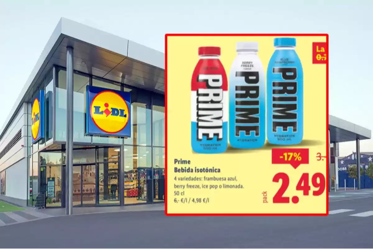 Façana d’un supermercat Lidl amb un anunci de begudes Prime en oferta destacant tres ampolles de diferents sabors i el preu rebaixat a 2,49 euros. Façana d’un supermercat Lidl amb un anunci de begudes Prime en oferta destacant tres ampolles de diferents sabors i el preu rebaixat a 2,49 euros.