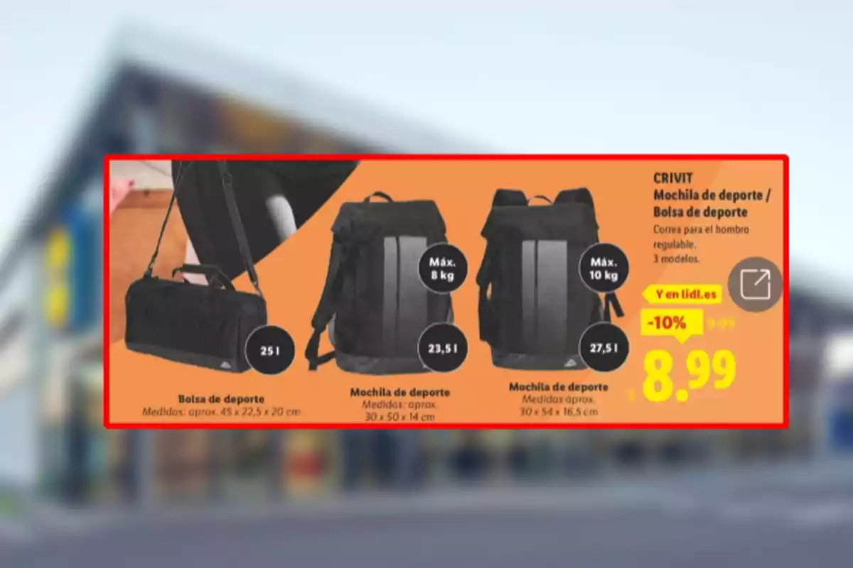 Publicitat de Lidl mostrant tres models de motxilles i bossa d’esport negres amb diferents capacitats i preus en oferta