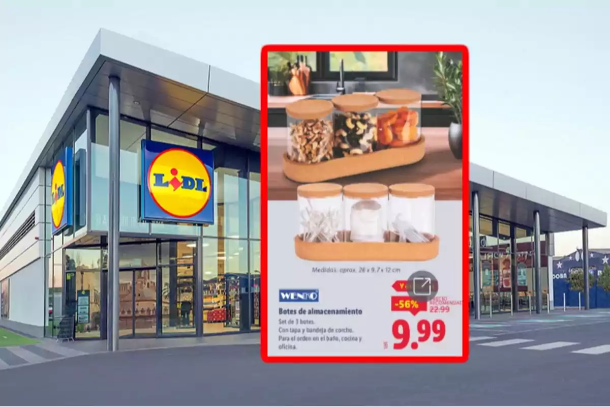 Façana d’una botiga Lidl amb un anunci de pots d’emmagatzematge en oferta per 9,99 euros Façana d’una botiga Lidl amb un anunci de pots d’emmagatzematge en oferta per 9,99 euros