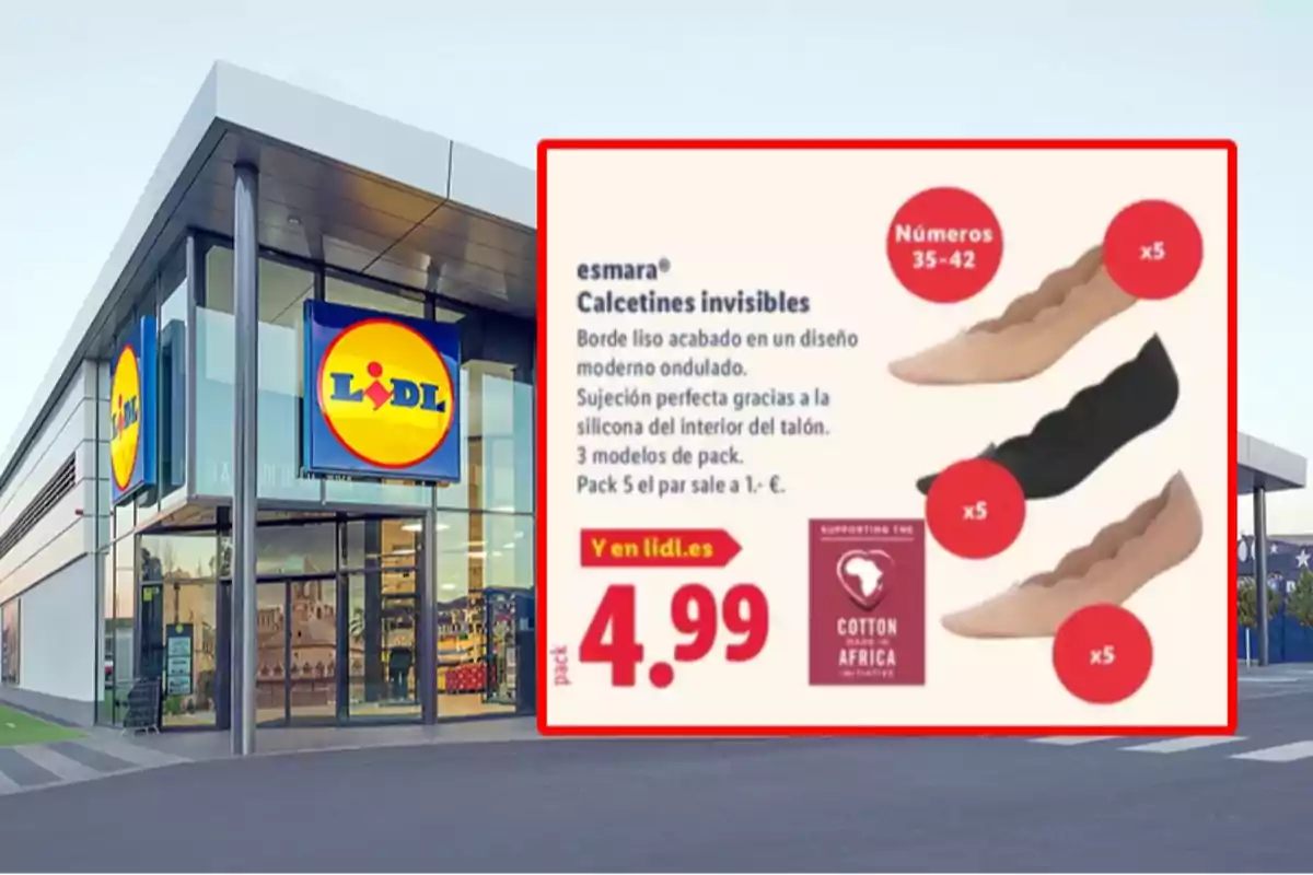 Façana d’una botiga Lidl amb un anunci de mitjons invisibles Esmara en oferta per 4,99 euros mostrant tres models en colors beix i negre Façana d’una botiga Lidl amb un anunci de mitjons invisibles Esmara en oferta per 4,99 euros mostrant tres models en colors beix i negre