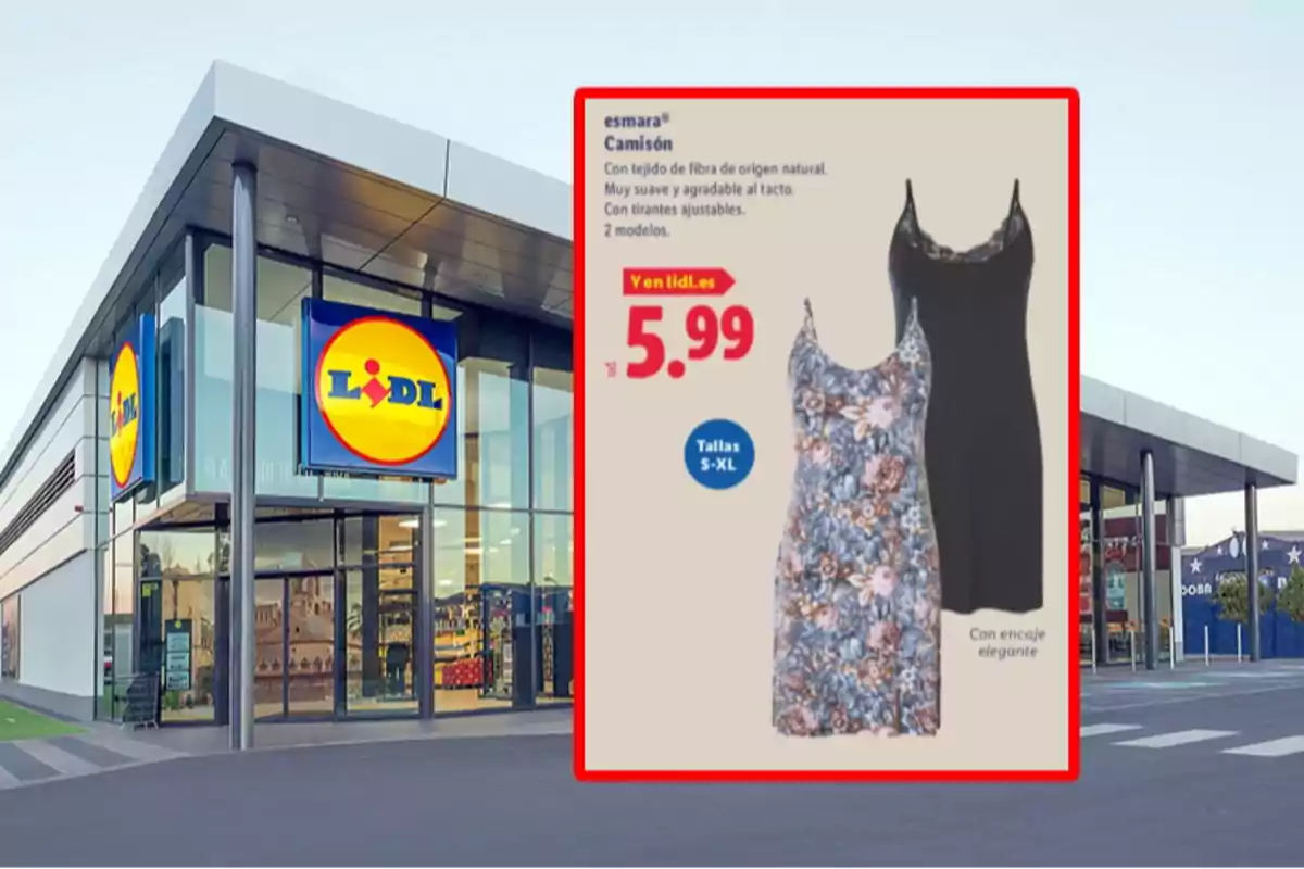 Façana d’una botiga Lidl amb un anunci de camisons Esmara en oferta per 5,99 euros en talles S a XL, disponibles en dos models, un de floral i un altre de negre. Façana d’una botiga Lidl amb un anunci de camisons Esmara en oferta per 5,99 euros en talles S a XL, disponibles en dos models, un de floral i un altre de negre.