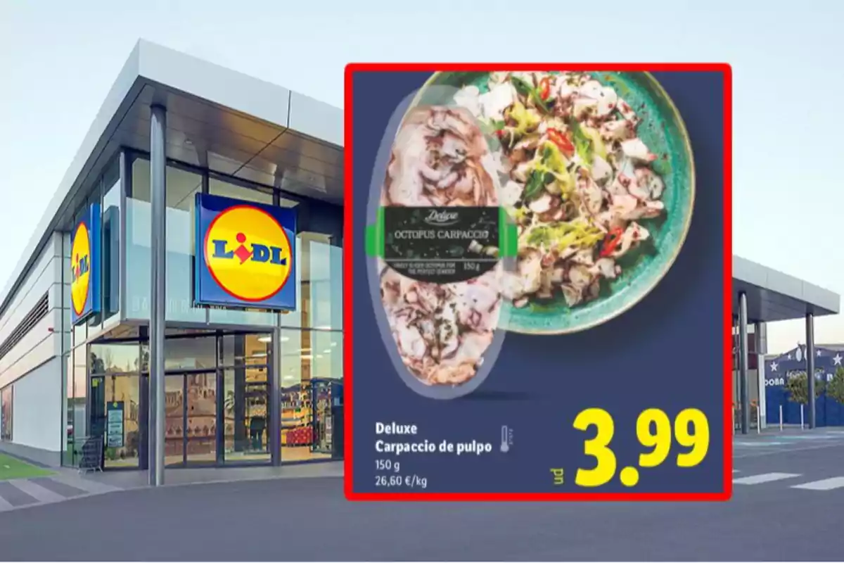 Façana de supermercat Lidl amb un cartell promocional de carpaccio de pop Deluxe a 3,99 euros Façana de supermercat Lidl amb un cartell promocional de carpaccio de pop Deluxe a 3,99 euros