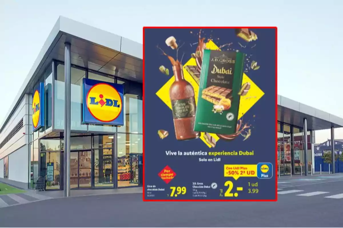 Façana d’un supermercat Lidl amb un cartell promocional de productes de xocolata i licor estil Dubai destacant preus i ofertes especials Façana d’un supermercat Lidl amb un cartell promocional de productes de xocolata i licor estil Dubai destacant preus i ofertes especials