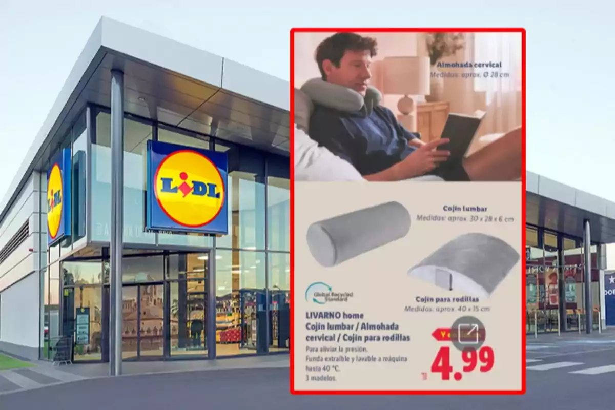 Façana d’una botiga Lidl amb un anunci de coixins i coixineres per a la llar en oferta per 4,99 euros Façana d’una botiga Lidl amb un anunci de coixins i coixineres per a la llar en oferta per 4,99 euros