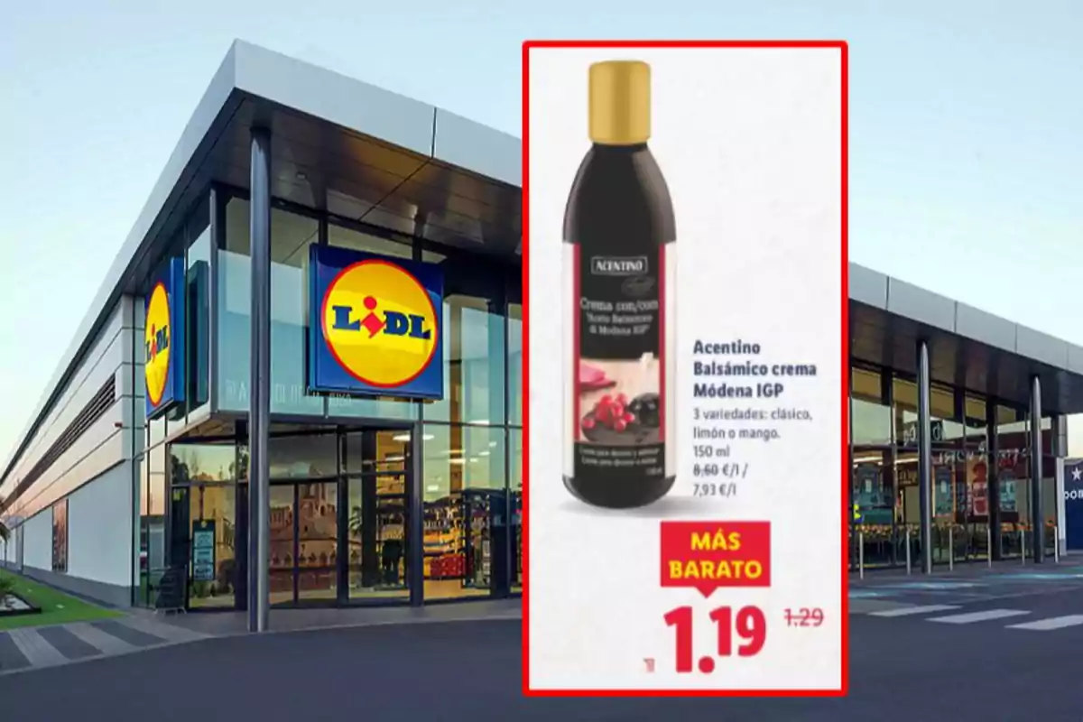 Façana d’un supermercat Lidl amb un anunci d’oferta de crema balsàmica Acentino a 1,19 euros destacat en primer pla Façana d’un supermercat Lidl amb un anunci d’oferta de crema balsàmica Acentino a 1,19 euros destacat en primer pla