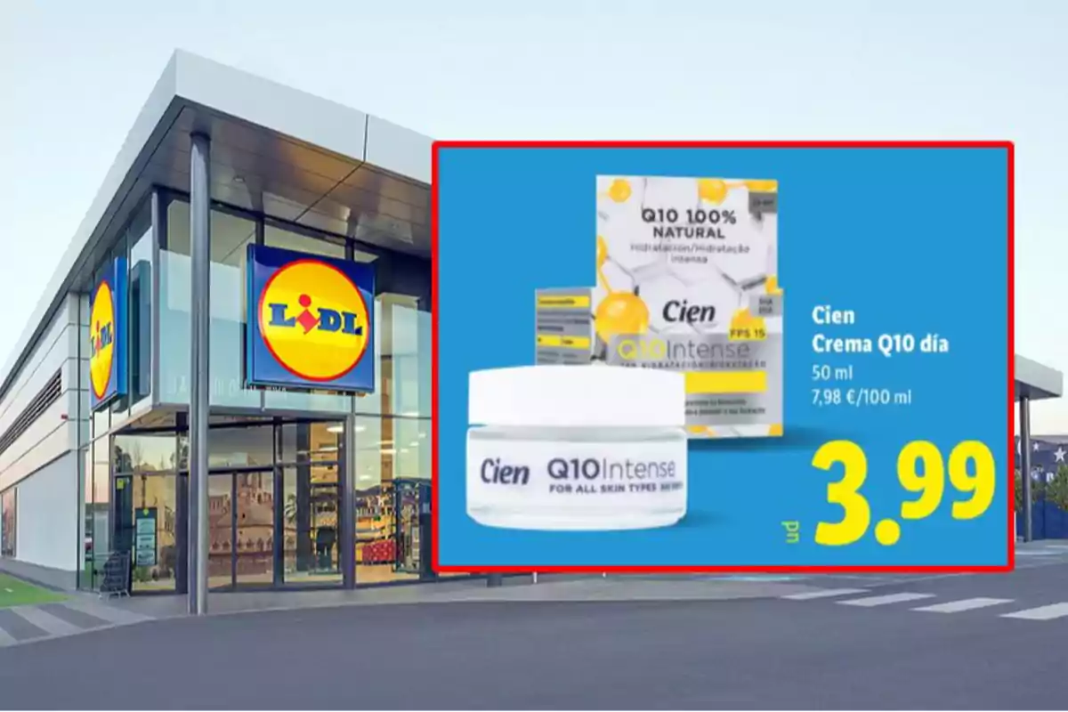 Façana d’una botiga Lidl amb un anunci de crema facial Cien Q10 Intense en oferta per 3,99 euros Façana d’una botiga Lidl amb un anunci de crema facial Cien Q10 Intense en oferta per 3,99 euros