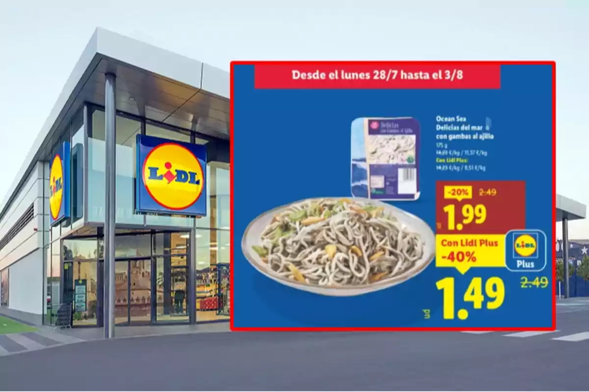 Façana de supermercat Lidl amb un cartell promocional d’un producte de delícies del mar amb gambes a l’all en oferta Façana de supermercat Lidl amb un cartell promocional d’un producte de delícies del mar amb gambes a l’all en oferta