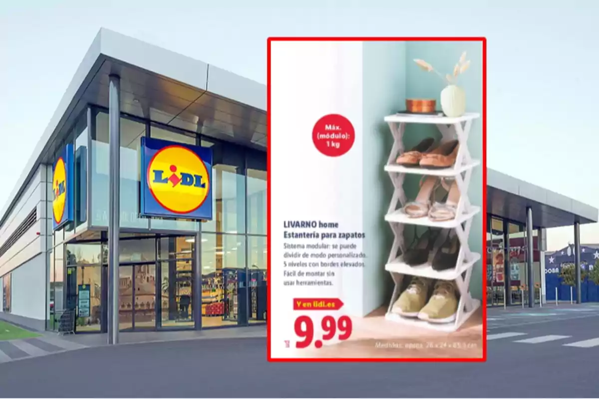 Botiga Lidl amb un anunci d’una prestatgeria per a sabates de cinc nivells a un preu de 9,99 euros Botiga Lidl amb un anunci d’una prestatgeria per a sabates de cinc nivells a un preu de 9,99 euros