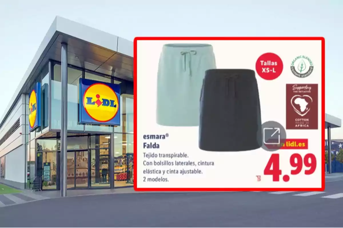 Façana d’una botiga Lidl amb un anunci de faldilles Esmara en dos colors, disponibles en talles XS a L, amb teixit transpirable, butxaques laterals, cintura elàstica i cinta ajustable, a un preu de 4,99 euros. Façana d’una botiga Lidl amb un anunci de faldilles Esmara en dos colors, disponibles en talles XS a L, amb teixit transpirable, butxaques laterals, cintura elàstica i cinta ajustable, a un preu de 4,99 euros.