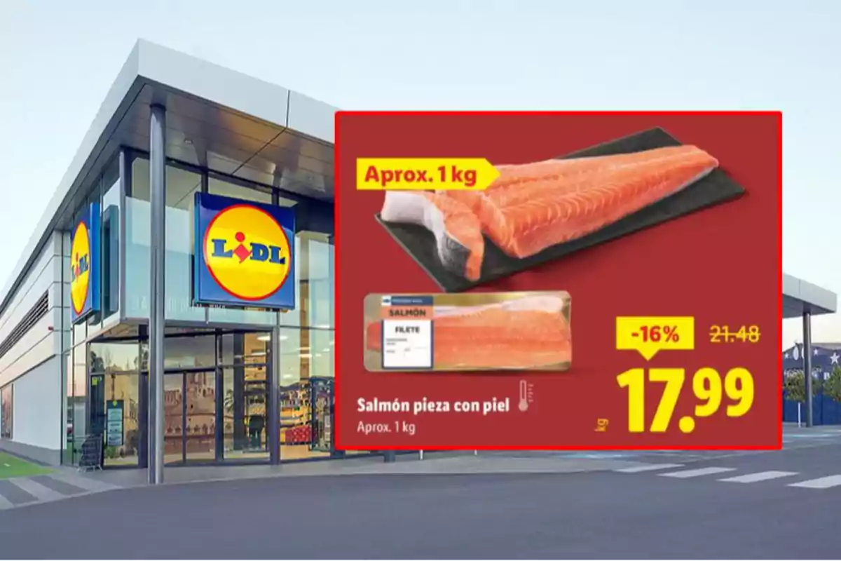 Façana de supermercat Lidl amb una oferta destacada de salmó amb pell d’aproximadament un quilo a un preu rebaixat de 17,99 euros. Façana de supermercat Lidl amb una oferta destacada de salmó amb pell d’aproximadament un quilo a un preu rebaixat de 17,99 euros.