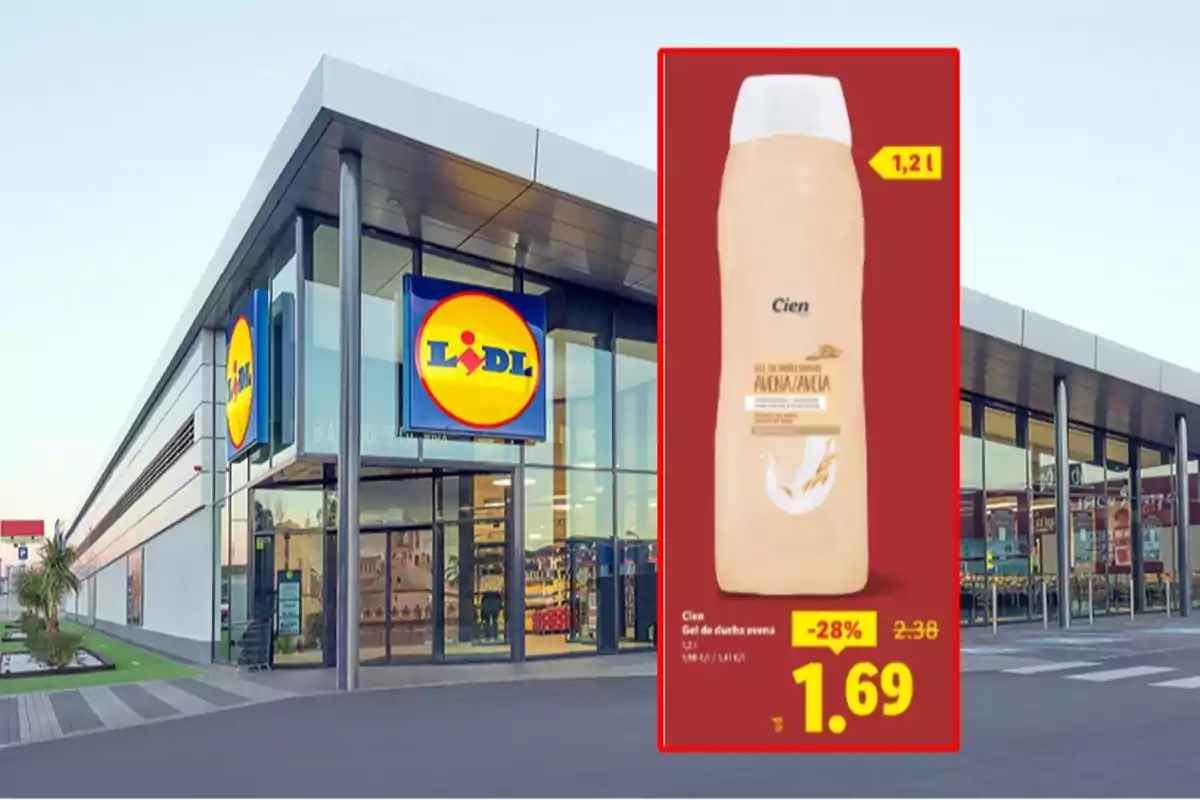 Façana d’un supermercat Lidl amb una promoció de gel de dutxa de civada Cien a 1,69 euros Façana d’un supermercat Lidl amb una promoció de gel de dutxa de civada Cien a 1,69 euros