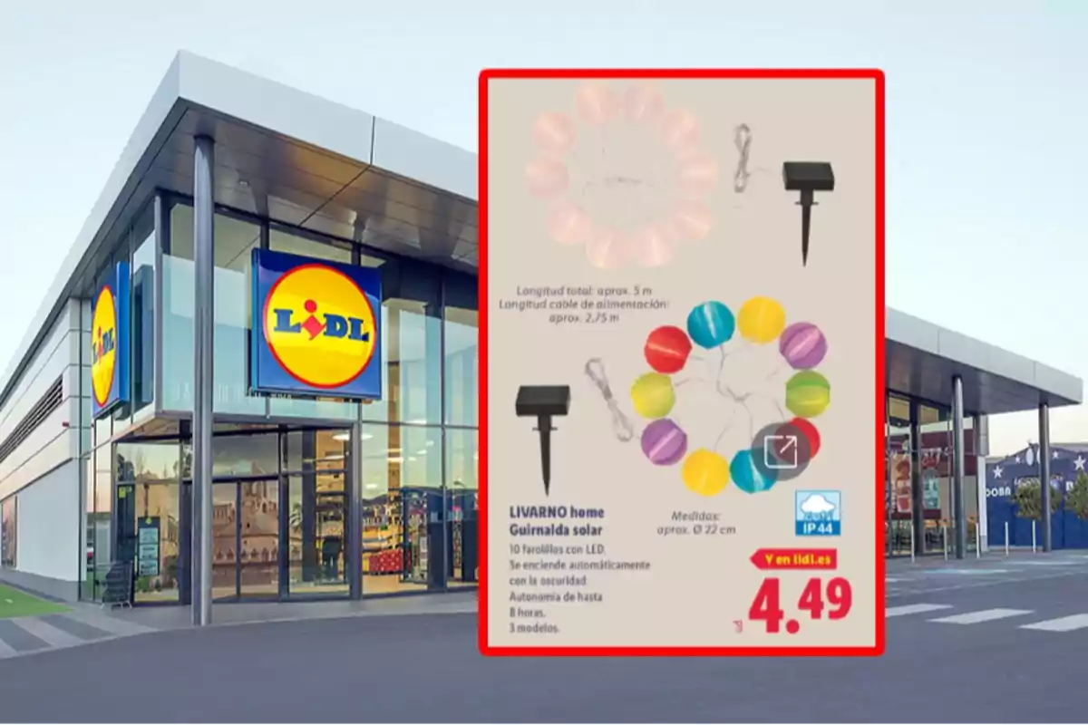 Façana d’una botiga Lidl amb un cartell promocional de garlandes solars de colors a un preu de 4,49 euros Façana d’una botiga Lidl amb un cartell promocional de garlandes solars de colors a un preu de 4,49 euros
