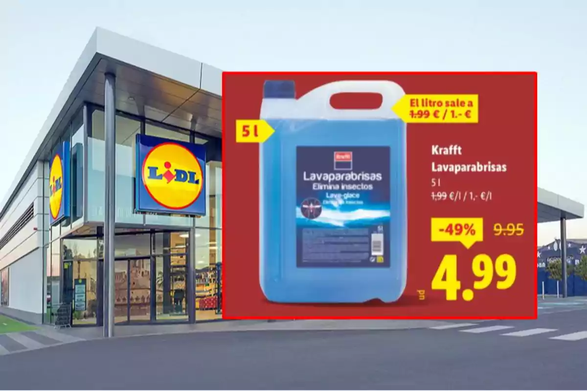 Façana d’una botiga Lidl amb una promoció destacada de netejaparabrises Krafft de 5 litres a un preu rebaixat de 4,99 euros Façana d’una botiga Lidl amb una promoció destacada de netejaparabrises Krafft de 5 litres a un preu rebaixat de 4,99 euros
