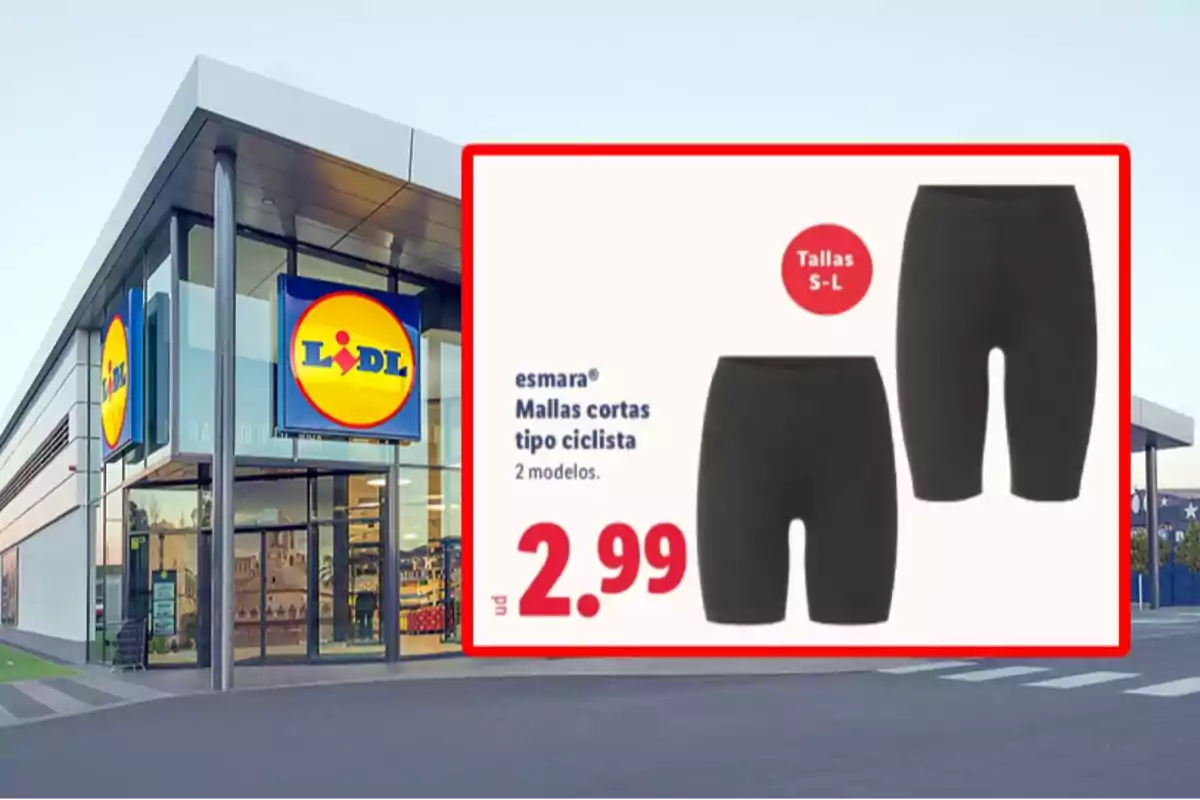 Botiga Lidl amb un anunci de malles curtes tipus ciclista en oferta a 2,99 euros en talles de la S a la L Botiga Lidl amb un anunci de malles curtes tipus ciclista en oferta a 2,99 euros en talles de la S a la L