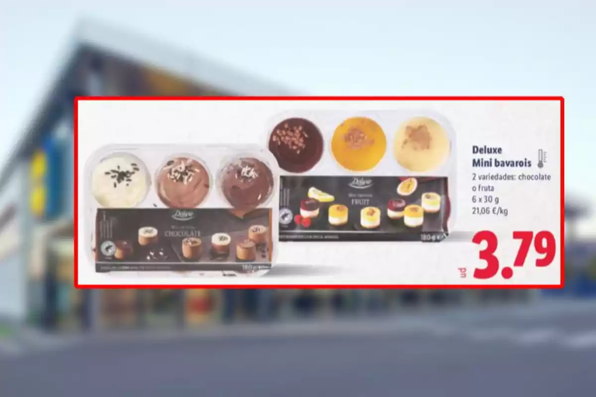 Envàs de postres Deluxe Mini bavarois en dues varietats, xocolata i fruita, amb un preu de 3,79 euros. Envàs de postres Deluxe Mini bavarois en dues varietats, xocolata i fruita, amb un preu de 3,79 euros.