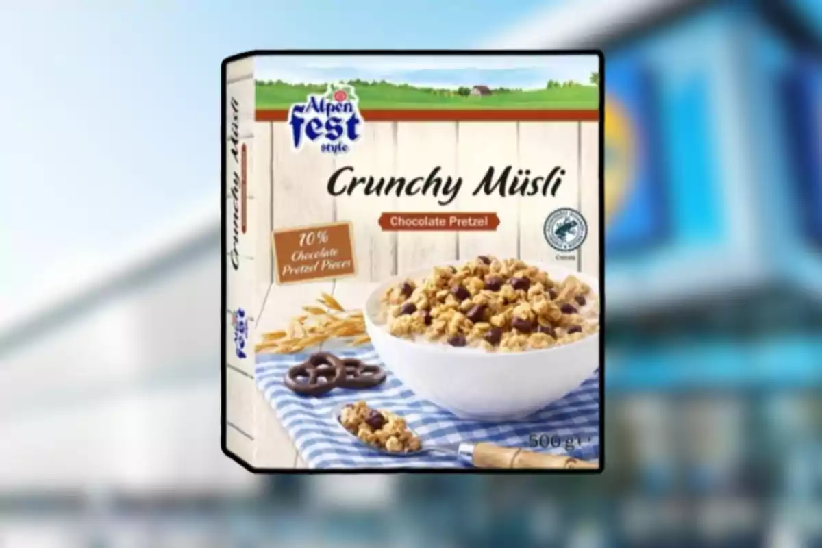 Caixa de cereals Alpen Fest Crunchy Müsli Xocolata Pretzel amb imatge d’un bol de cereals i pretzels de xocolata sobre un estovalles blau de quadres Caixa de cereals Alpen Fest Crunchy Müsli Xocolata Pretzel amb imatge d’un bol de cereals i pretzels de xocolata sobre un estovalles blau de quadres