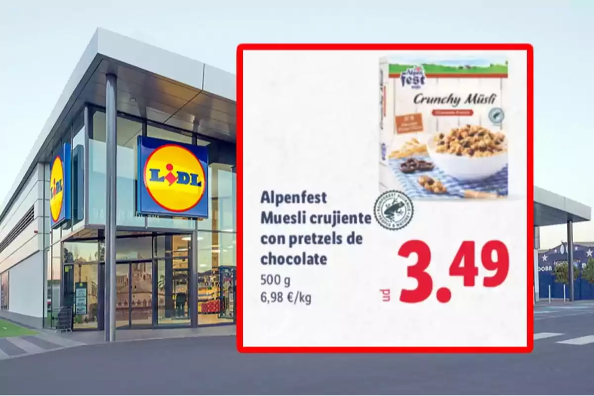 Façana de supermercat Lidl amb una promoció de muesli cruixent amb pretzels de xocolata Alpenfest a 3,49 euros Façana de supermercat Lidl amb una promoció de muesli cruixent amb pretzels de xocolata Alpenfest a 3,49 euros
