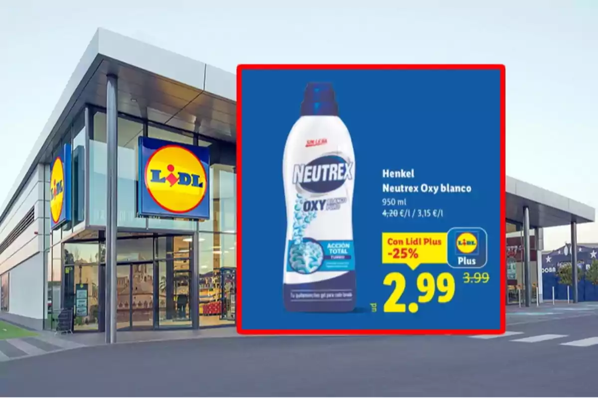 Façana de supermercat Lidl amb una promoció de Neutrex Oxy blanc de 950 ml a 2,99 euros amb Lidl Plus Façana de supermercat Lidl amb una promoció de Neutrex Oxy blanc de 950 ml a 2,99 euros amb Lidl Plus