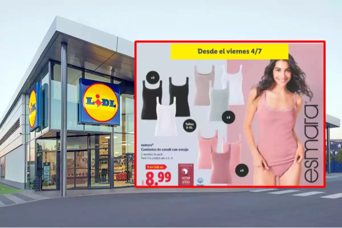 Façana d’una botiga Lidl amb un cartell promocional de samarretes de tirants per a dona de la marca Esmara en diferents colors i talles, anunciant una oferta especial