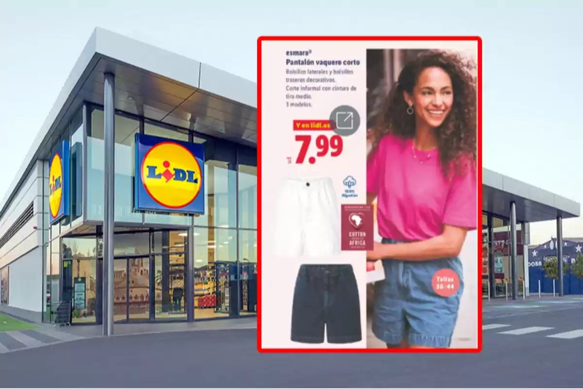 Façana d’una botiga Lidl amb un cartell promocional de pantalons texans curts per a dona a 7,99 euros