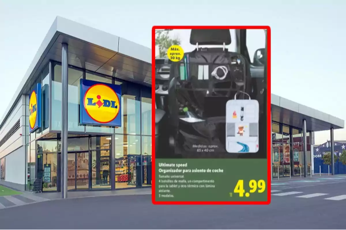Façana d’una botiga Lidl amb un anunci d’organitzador per a seient de cotxe en oferta per 4,99 euros Façana d’una botiga Lidl amb un anunci d’organitzador per a seient de cotxe en oferta per 4,99 euros