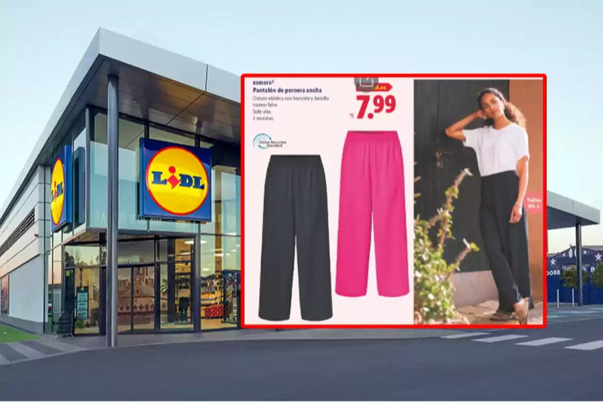 Façana d’una botiga Lidl amb un anunci de pantalons de cama ampla en colors negre i rosa a un preu de 7,99 euros i una model portant un dels pantalons. Façana d’una botiga Lidl amb un anunci de pantalons de cama ampla en colors negre i rosa a un preu de 7,99 euros i una model portant un dels pantalons.